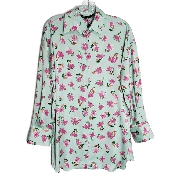 ZARA Satin Feel Oversize Floral Print Blouse Size XS - Picture 2 of 9